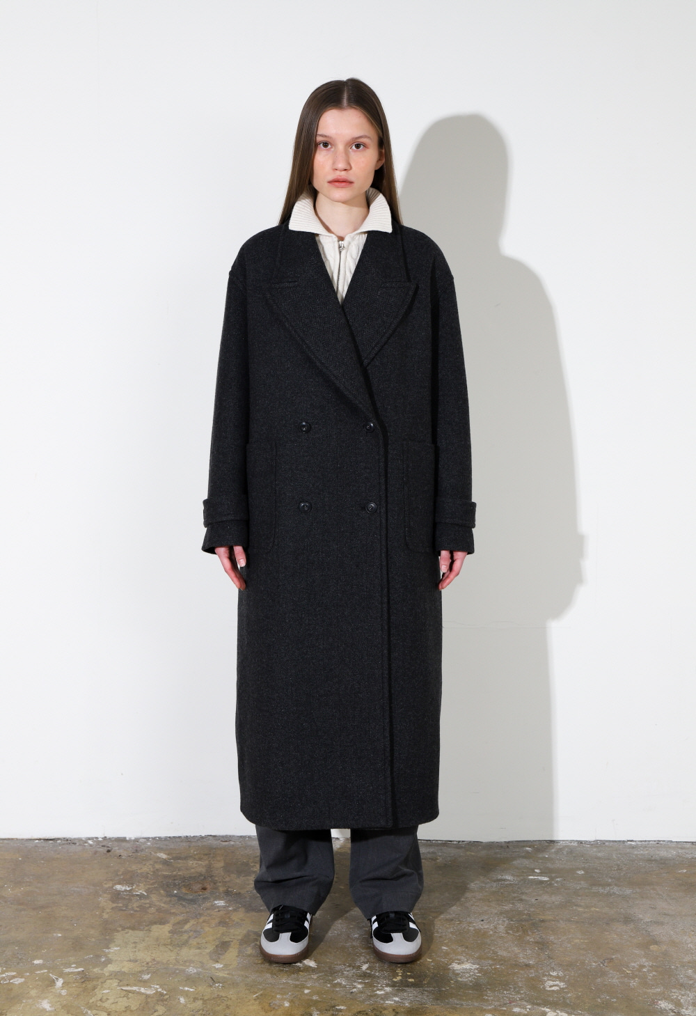 Coat Double Wide Collar Strap Charcoal Gray